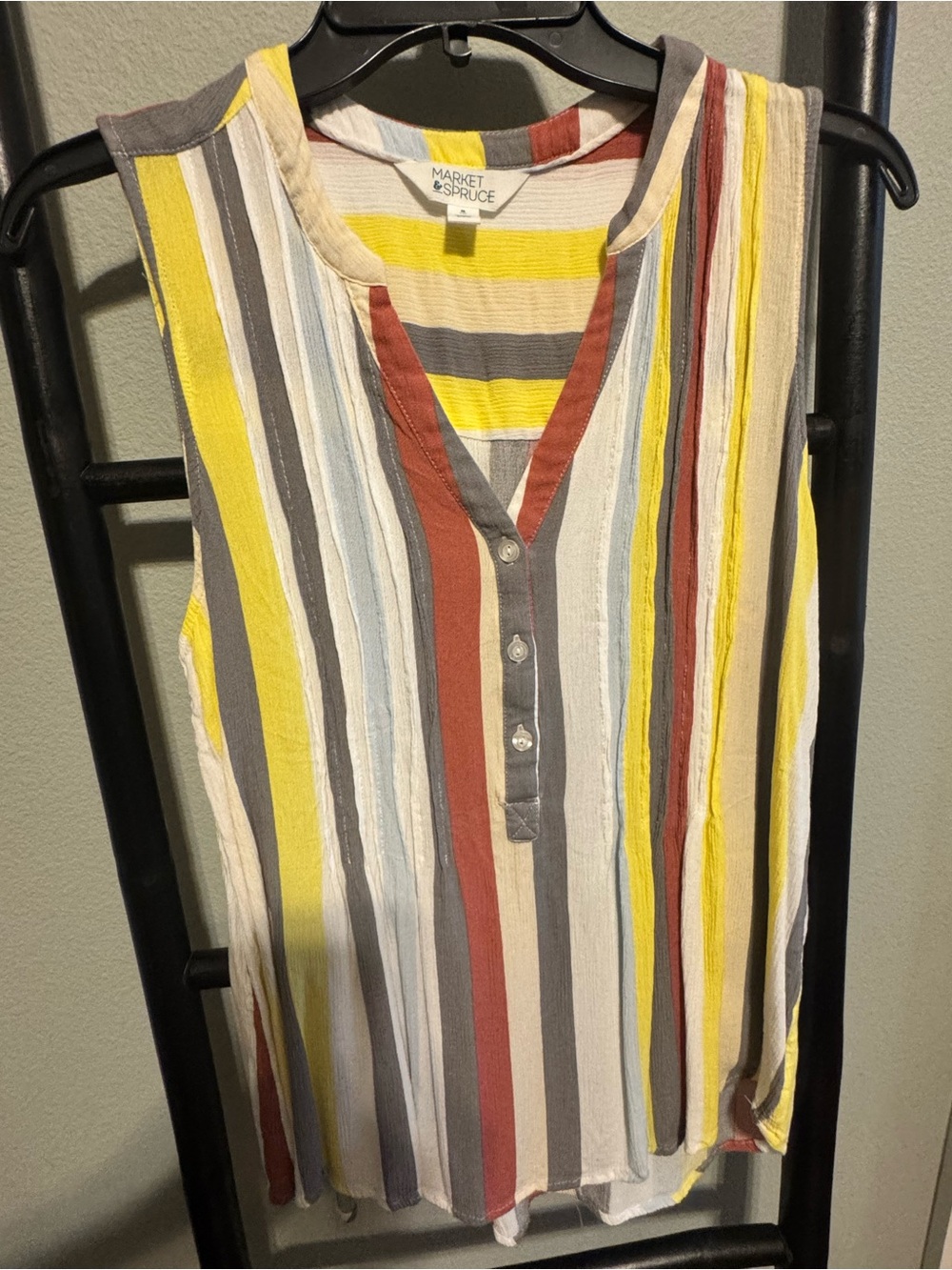 Market & Spruce Sleeveless Striped V-Neck Tank in Yellow, Rust & Gray